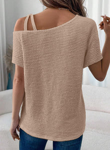 Dokotoo Womens Summer Off The Shoulder Tops for Women Waffle Knit Short Sleeve T-Shirts Casual Loose Elegant Cross Straps Lightweight Soft Solid Color Blouses Cute Trendy Fashion 2025 Khaki Small