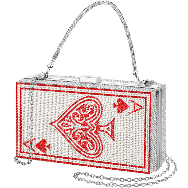 Trnayi Women Poker Card Evening Clutch Rhinestone Purse Casino Vegas Novelty Purse Queen Hearts Bags Playing Cards Gift(Silver, Ace of Hearts)