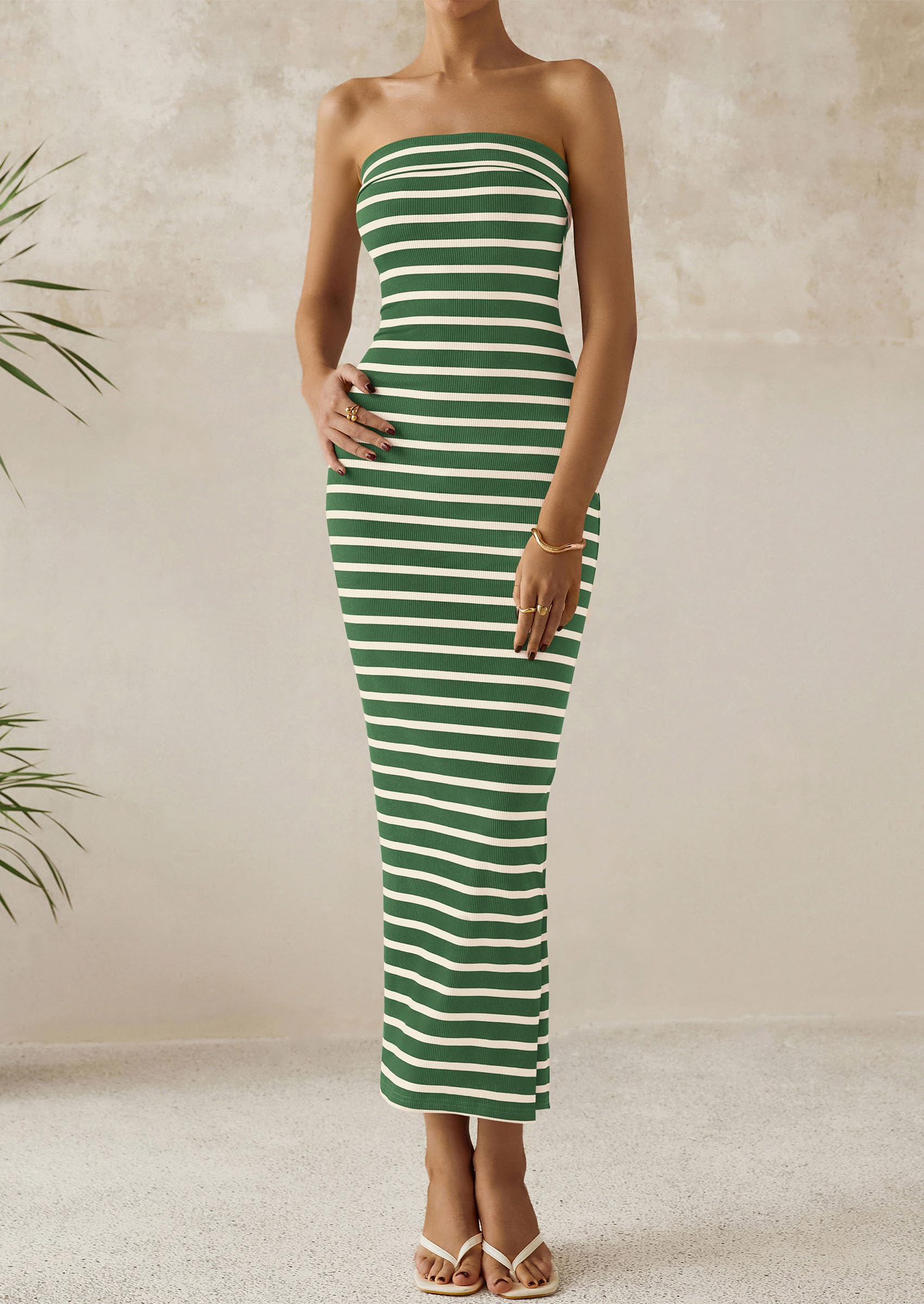 PRETTYGARDEN Women's Summer Bodycon Maxi Tube Dress Ribbed Strapless Side Slit Long Going Out Casual Elegant Party Dresses (Wide Striped Green White,Small)