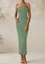 Load image into Gallery viewer, PRETTYGARDEN Women&#39;s Summer Bodycon Maxi Tube Dress Ribbed Strapless Side Slit Long Going Out Casual Elegant Party Dresses (Wide Striped Green White,Small)
