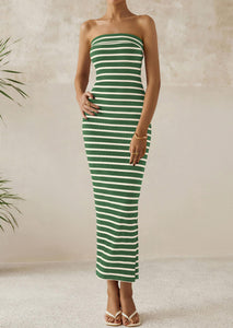 PRETTYGARDEN Women's Summer Bodycon Maxi Tube Dress Ribbed Strapless Side Slit Long Going Out Casual Elegant Party Dresses (Wide Striped Green White,Small)