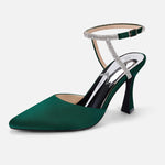Load image into Gallery viewer, Coutgo Women Rhinestone Heels Kitten High Satin Pumps Pointed Toe Sparkly Sexy Wedding Dress Shoes Dark Green

