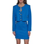 Load image into Gallery viewer, Karl Lagerfeld Paris Women's Tweed Solid Scoop Neck Cropped Knit Blazer,French Blue,8
