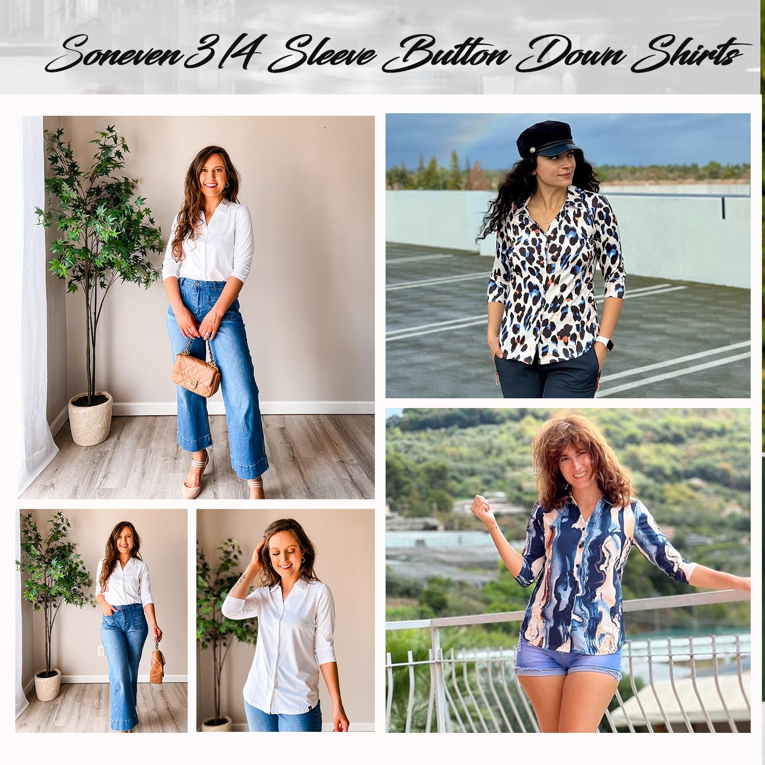 Soneven Womens Long Sleeve Button Down Shirts V Neck Golf Polo Shirts Business Causal Work Blouses Tops Collared Shirts