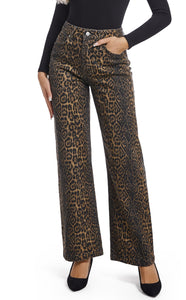 ETTELO Women's Jeans Straight Leg Casual High Waisted Stretch Trendy Leopard Pull On Jeans for Women