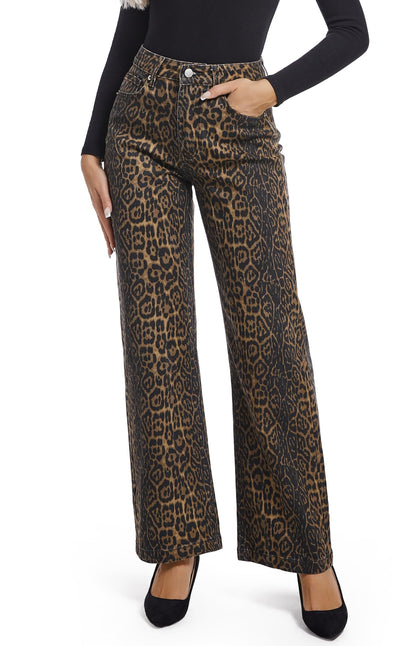 ETTELO Women's Jeans Straight Leg Casual High Waisted Stretch Trendy Leopard Pull On Jeans for Women