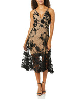 Load image into Gallery viewer, Dress the Population Women&#39;s Audrey Spaghetti Strap MIDI A-LINE 3D Floral Dress Dress, Black/Nude, S
