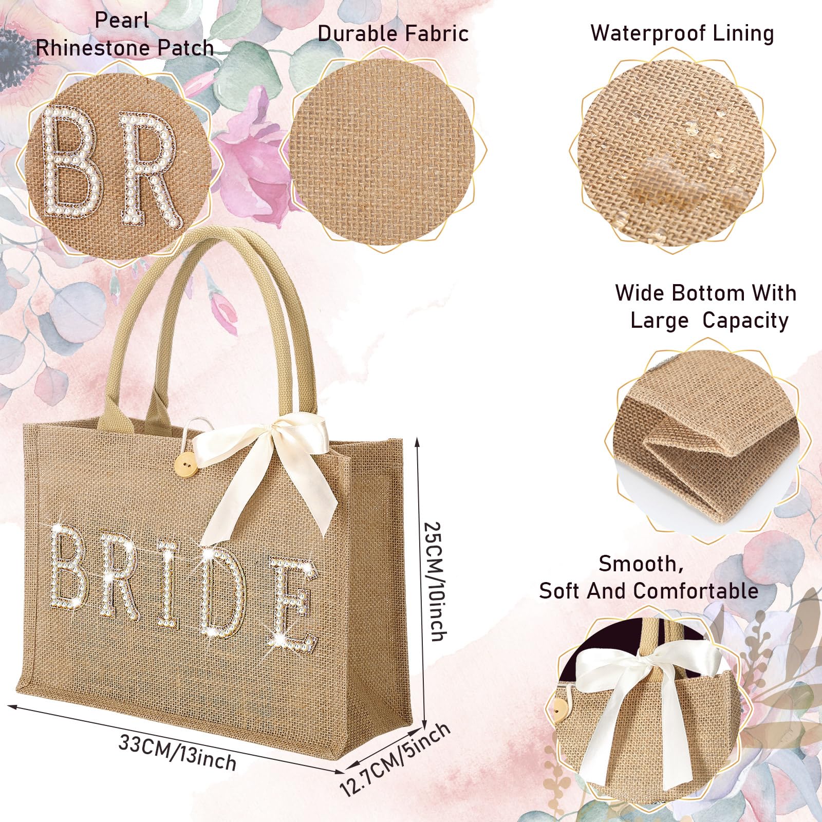 Silkfly Wedding Bride Bag Natural Jute Tote with Ribbon Bride Gift Bag with Handle for Shower(Gold Edges,Bride)