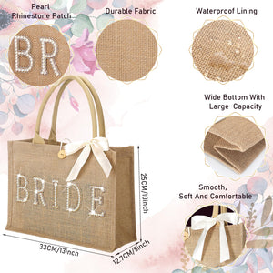 Silkfly Wedding Bride Bag Natural Jute Tote with Ribbon Bride Gift Bag with Handle for Shower(Gold Edges,Bride)