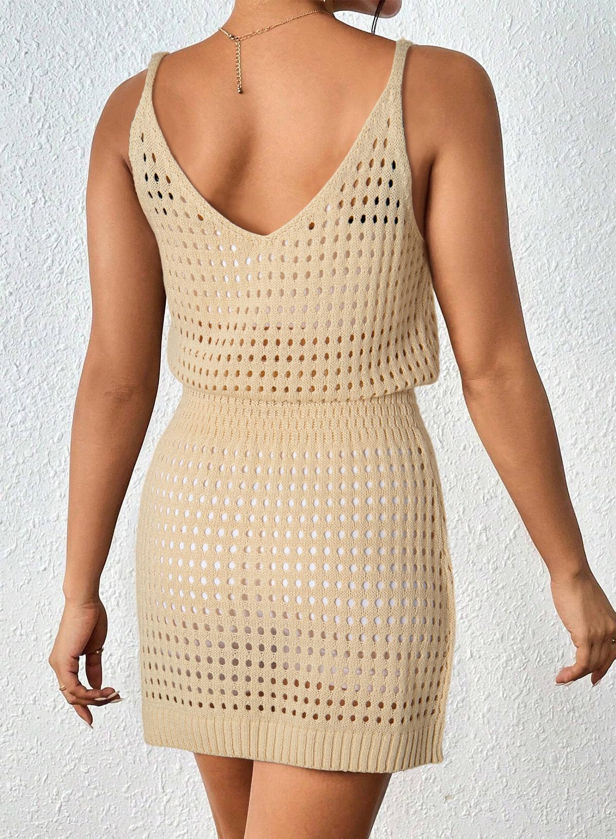Dokotoo Women's Swimwear Cover Ups 2025 Summer Scoop Neck Sleeveless Bathing Suit Crochet Hollow Out Spaghetti Straps Cruise Resort Wear Outfits Beach Dresses for Women Apricot Medium