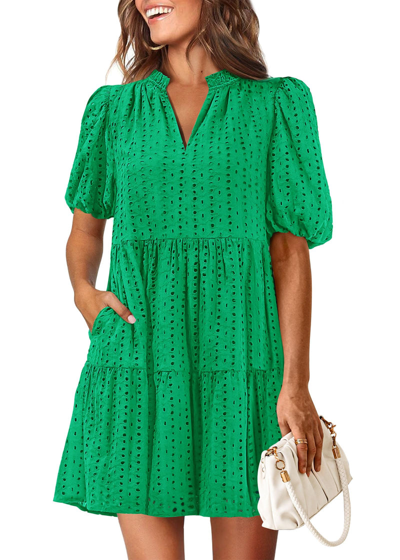 KIRUNDO Eyelet Summer Dresses for Women Mini Casual Hollow Out Short Sleeve Lace Tiered V Neck Shift Dress with Pockets(Green, Medium)