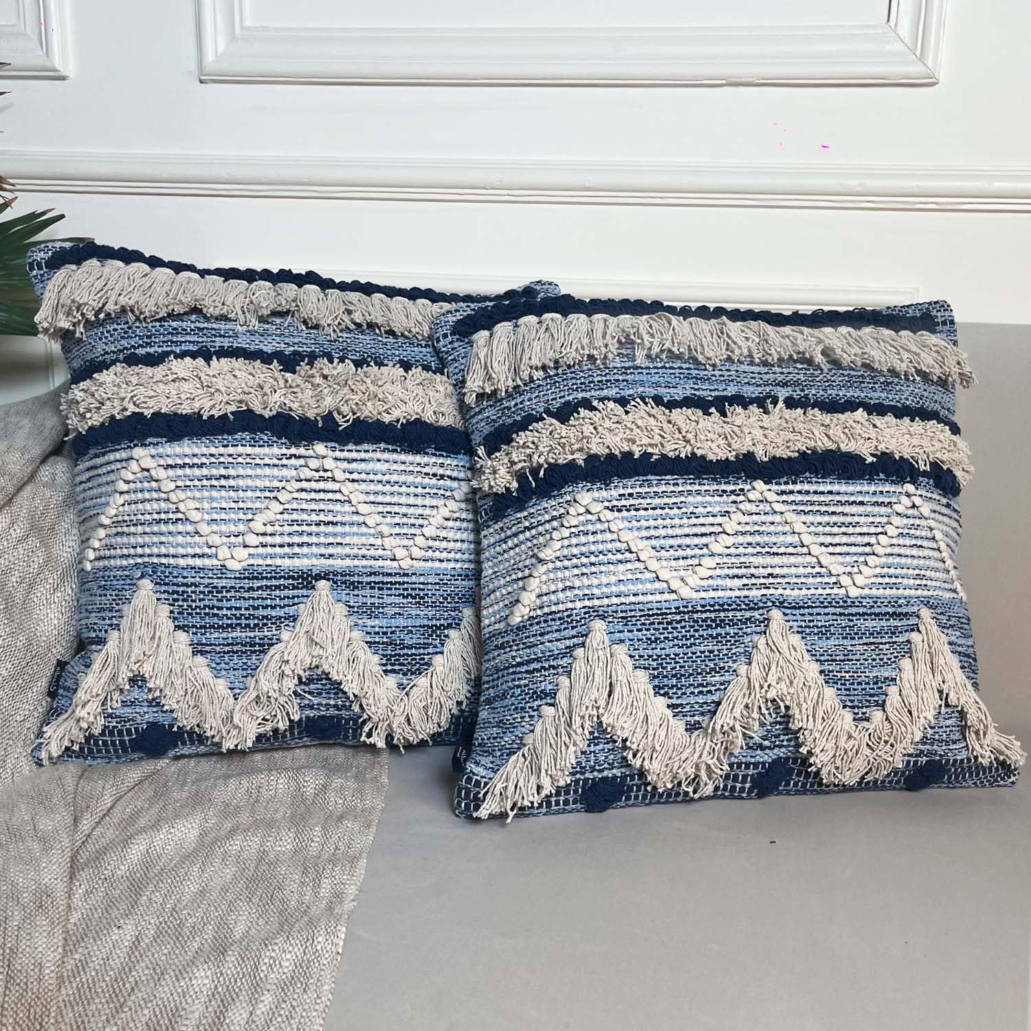 Chardin home Montego Farmhouse Decorative Throw Pillow Covers (Set of 2). Boho Soft Warm Cotton Woven Square Pillow Cover 18x18 for Couch Sofa Bedroom, Blue/Off-White