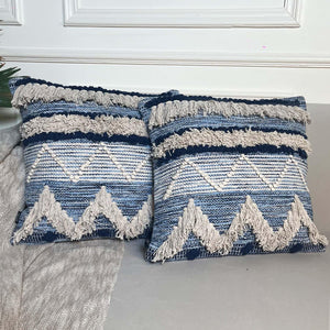 Chardin home Montego Farmhouse Decorative Throw Pillow Covers (Set of 2). Boho Soft Warm Cotton Woven Square Pillow Cover 18x18 for Couch Sofa Bedroom, Blue/Off-White