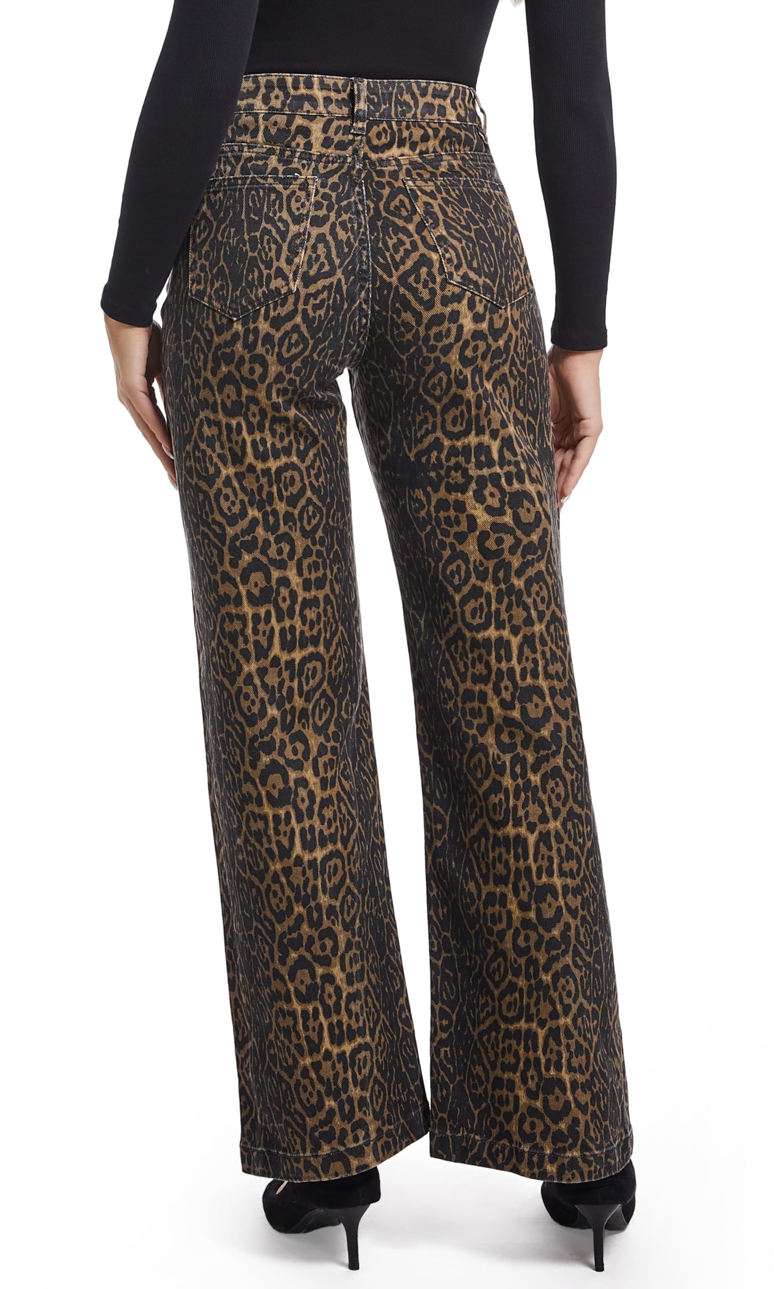 ETTELO Women's Jeans Straight Leg Casual High Waisted Stretch Trendy Leopard Pull On Jeans for Women