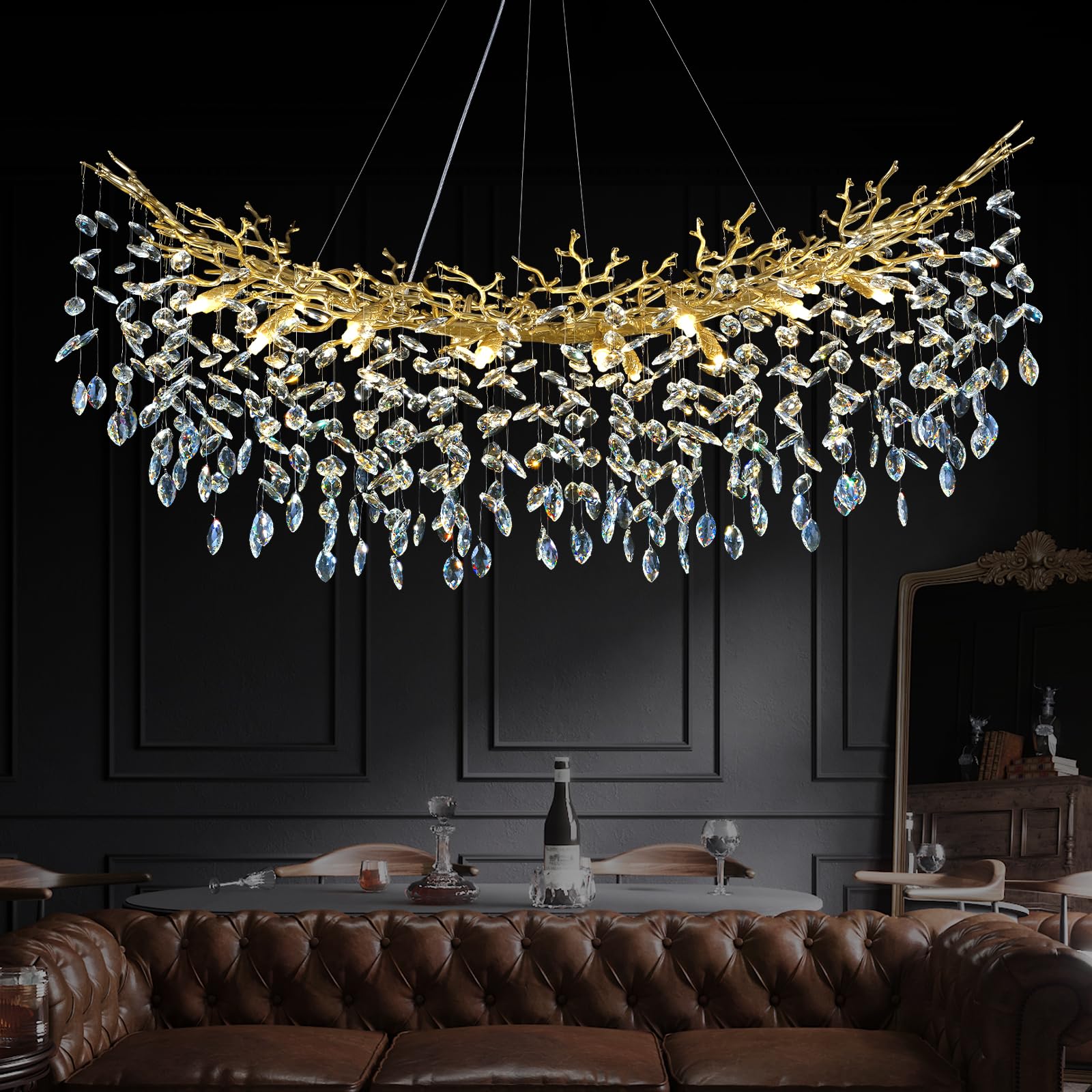 kvtinmty Modern Crystal Gold Chandelier, 55" Large Rectangular Oval Tree Branch Crystal Chandeliers for Dining Room,16-Light Flush Mount K9 Crystal Chandeliers, for Kitchen Island,Dining Room