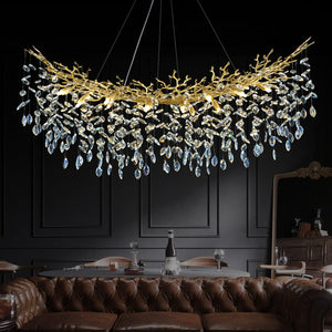 kvtinmty Modern Crystal Gold Chandelier, 55" Large Rectangular Oval Tree Branch Crystal Chandeliers for Dining Room,16-Light Flush Mount K9 Crystal Chandeliers, for Kitchen Island,Dining Room