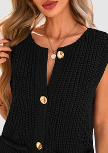 PRETTYGARDEN Women's Summer Sweaters Vest 2025 Sleeveless Button Down Cropped Pockets Chunky Knit Cardigan Trendy Tank Tops (Black,Medium)