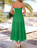 Load image into Gallery viewer, ZESICA Womens 2026 Summer Boho Strapless Midi Dresses Off Shoulder Smocked Eyelet Wedding Guest Beach Long Dress Pockets Green Small
