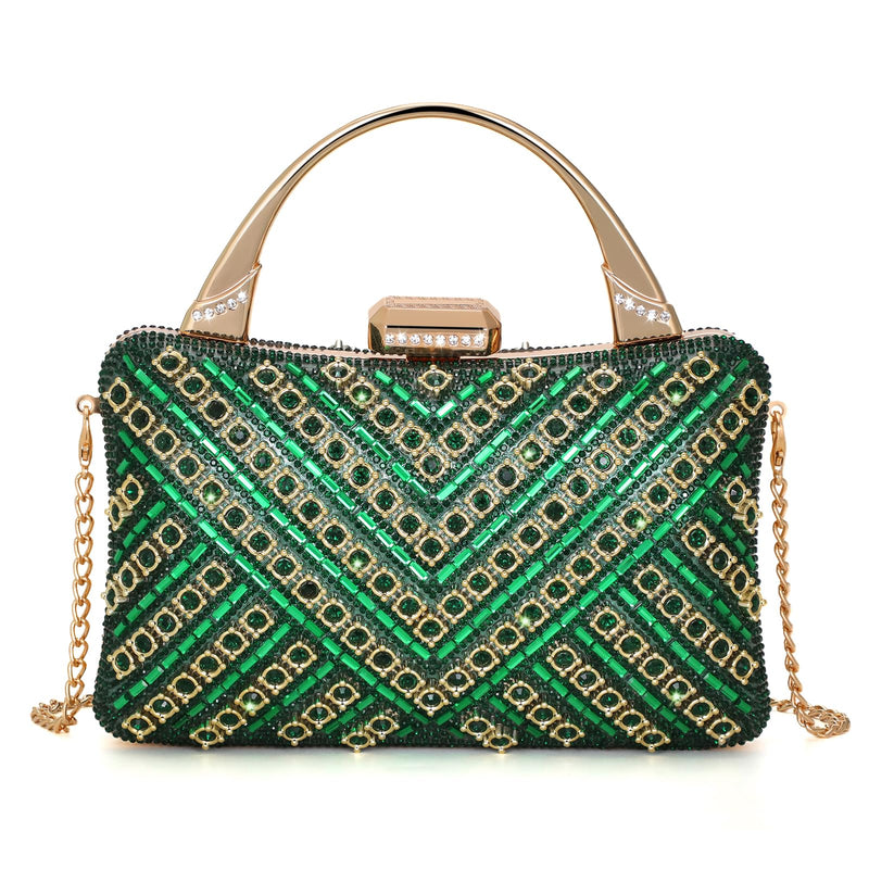 Elsblossion Clutch Purses for Women, Formal Evening Bag with Detachable Chain Strap, Sparkly Rhinestone Purse for Party, Prom, Wedding (Green)