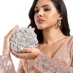 Load image into Gallery viewer, Boutique De FGG Round Rose Flower Crystal Clutch Purses for Women Formal Evening Bags Wedding Clutch Bag Party Handbags,Mini,Silver
