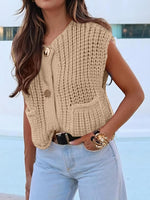 Load image into Gallery viewer, ANRABESS Women Chunky Knit Sweater Vest Button Down Casual Sleeveless Cardigan with Pockets Spring Trendy Outfits 2025 Khaki Small
