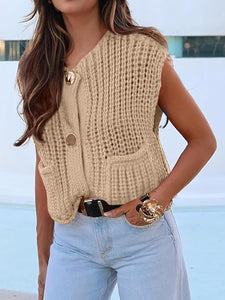 ANRABESS Women Chunky Knit Sweater Vest Button Down Casual Sleeveless Cardigan with Pockets Spring Trendy Outfits 2025 Khaki Small