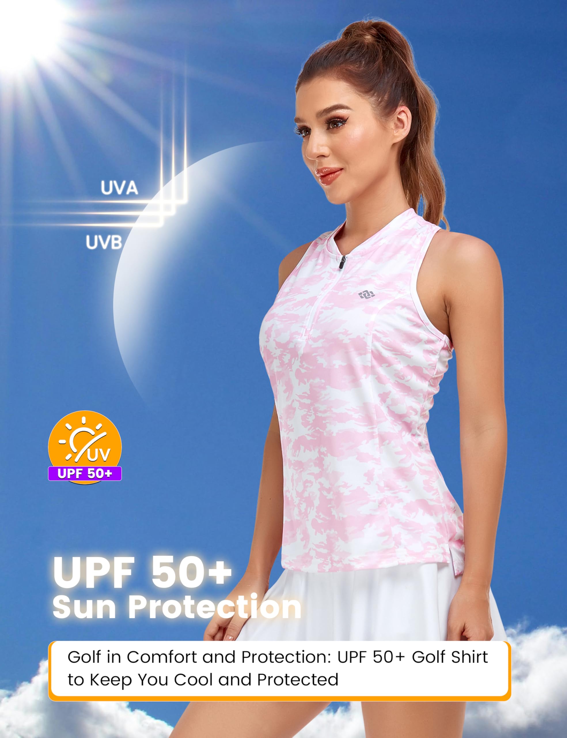 MoFiz Women's Golf Polo Tennis Shirt Sleeveless Racerback UPF 50+ 1/4 Zip Collarless Quick-Dry Lightweight Athletic Tank Top for Workout Running Sports Pink Camo Print M