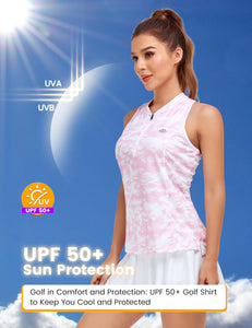 MoFiz Women's Golf Polo Tennis Shirt Sleeveless Racerback UPF 50+ 1/4 Zip Collarless Quick-Dry Lightweight Athletic Tank Top for Workout Running Sports Pink Camo Print M