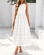 Load image into Gallery viewer, dowerme Women Summer Dresses 2026 Casual Sleeveless Crewneck A-Line Boho Lace Eyelet Cotton Tank Maxi Dress with Pockets(White,Medium)
