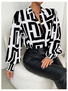 SweatyRocks Women's Graphic Print Long Lantern Sleeve Collar Neck Button Front Blouse Shirt Top Black Medium