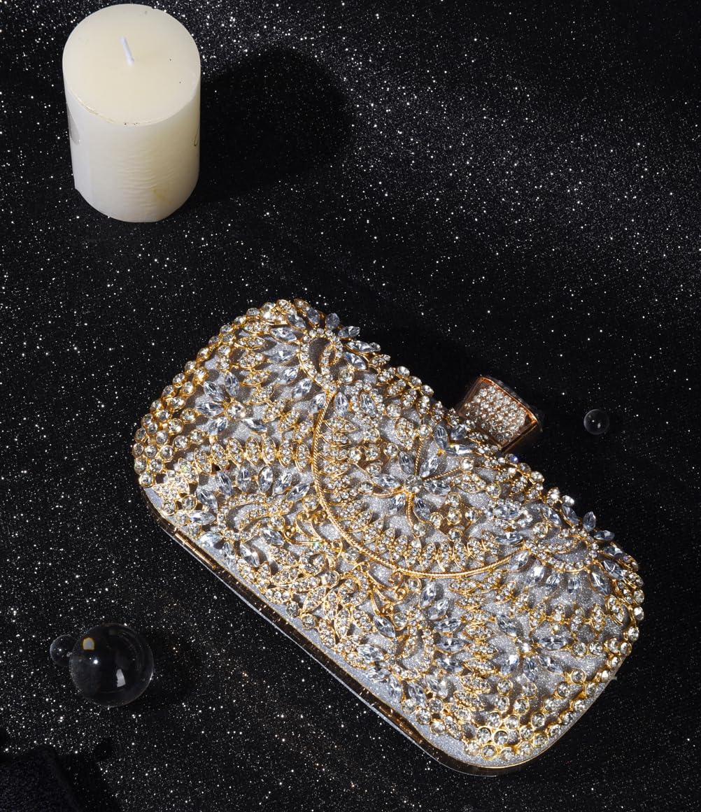 Covelin Women's Rhinestone Decorated Evening Bag, Tote Shoulder Crossbody Handbag with Chain (Silver)