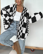 Load image into Gallery viewer, BTFBM Casual Cardigan Sweater for Women Fall 2025 Long Sleeve Open Front Chunky Knit Sweaters Checkered Outwear Coat(Black,Medium)
