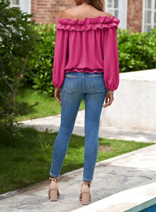 evnanic Off Shoulder Blouses for Women Long Sleeve Shirt Pleated Ruffle Flowy Blouses Spring Rose S
