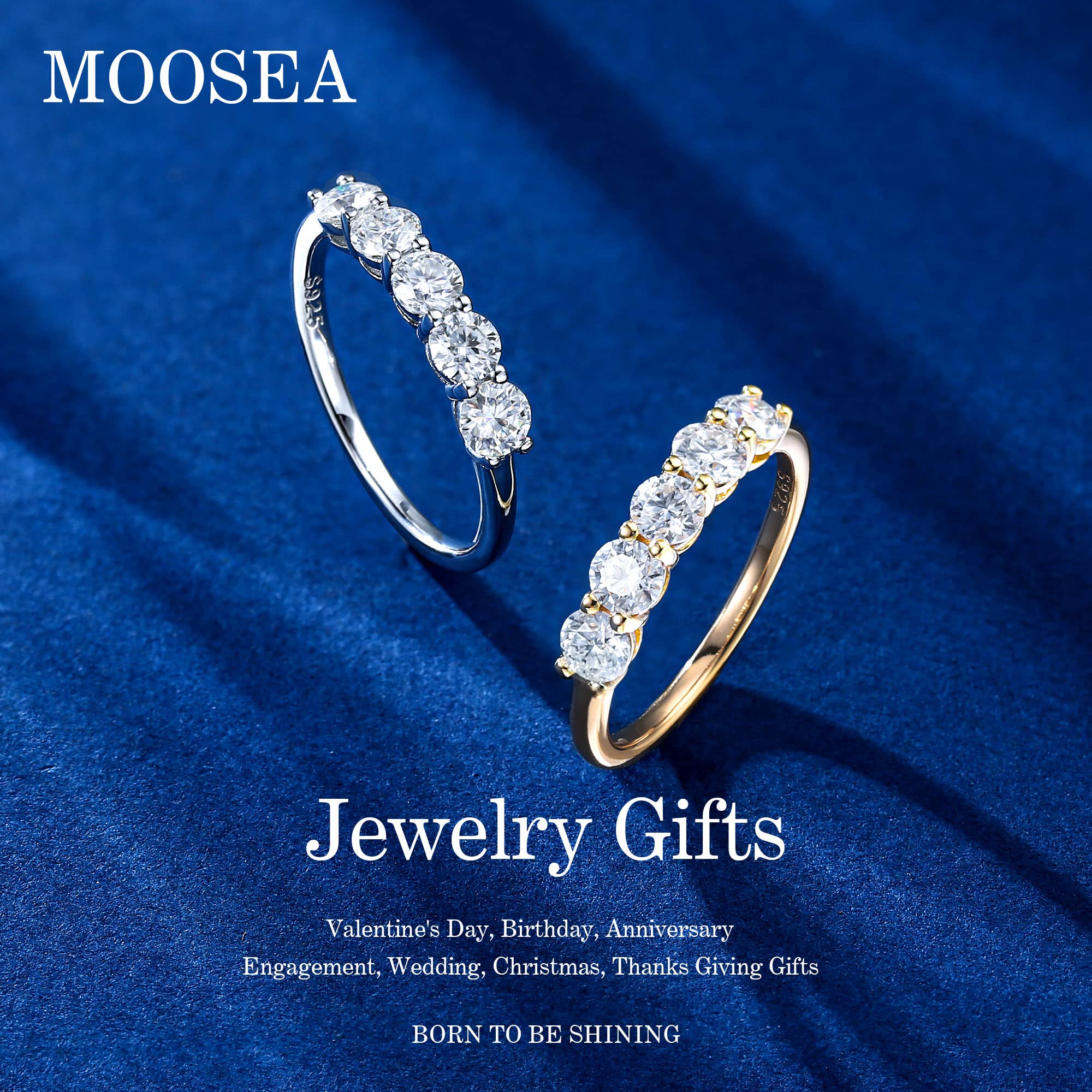 MOOSEA Mothers Day Gifts for Wife, 5 Stone Moissanite Wedding Bands for Women Anniversary Birthday Engagement Mothers Rings 925 Sterling Silver Moissanite Jewelry Gift Her Girlfriend Grandma