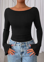 Load image into Gallery viewer, PRETTYGARDEN Women's Long Sleeve Shirts 2025 Fall Going Out Tops Casual Boat Neck Bell Sleeve Ribbed Ruched Y2K Clothes (Black,Medium)
