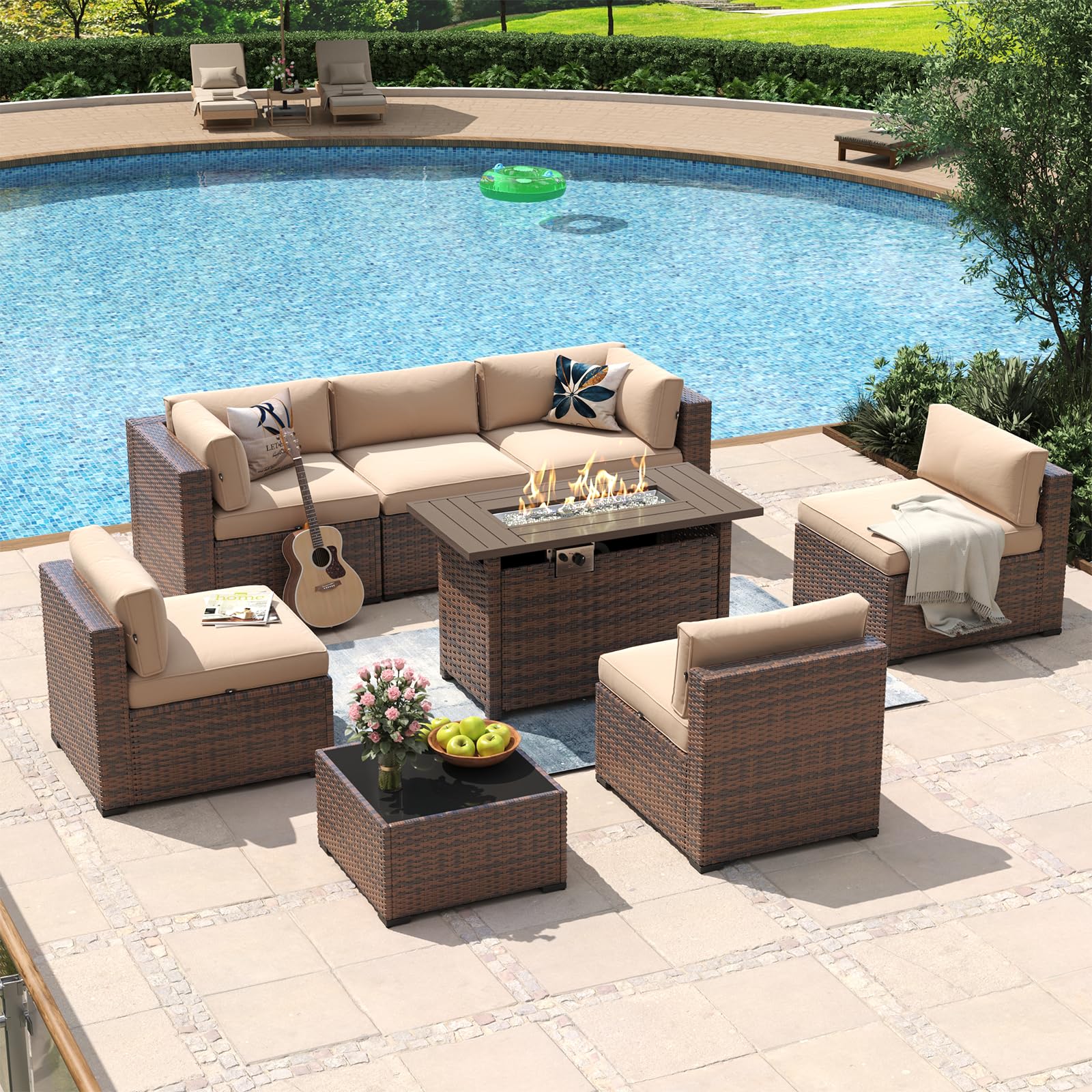 Aoxun 8 Piece Patio Furniture Set with 44” Fire Pit Table Wicker Rattan Outdoor Sectional Sofa Set with Coffee Table and Thickened Cushions, Beige (Waterproof Cover Included)
