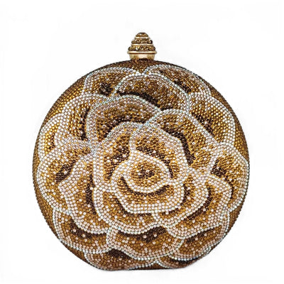 Boutique De FGG Round Flower Clutch Purse Women Rose Crystal Evening Bag Party Floral Rhinestone Clutch Wedding Handbag,Mini,Gold