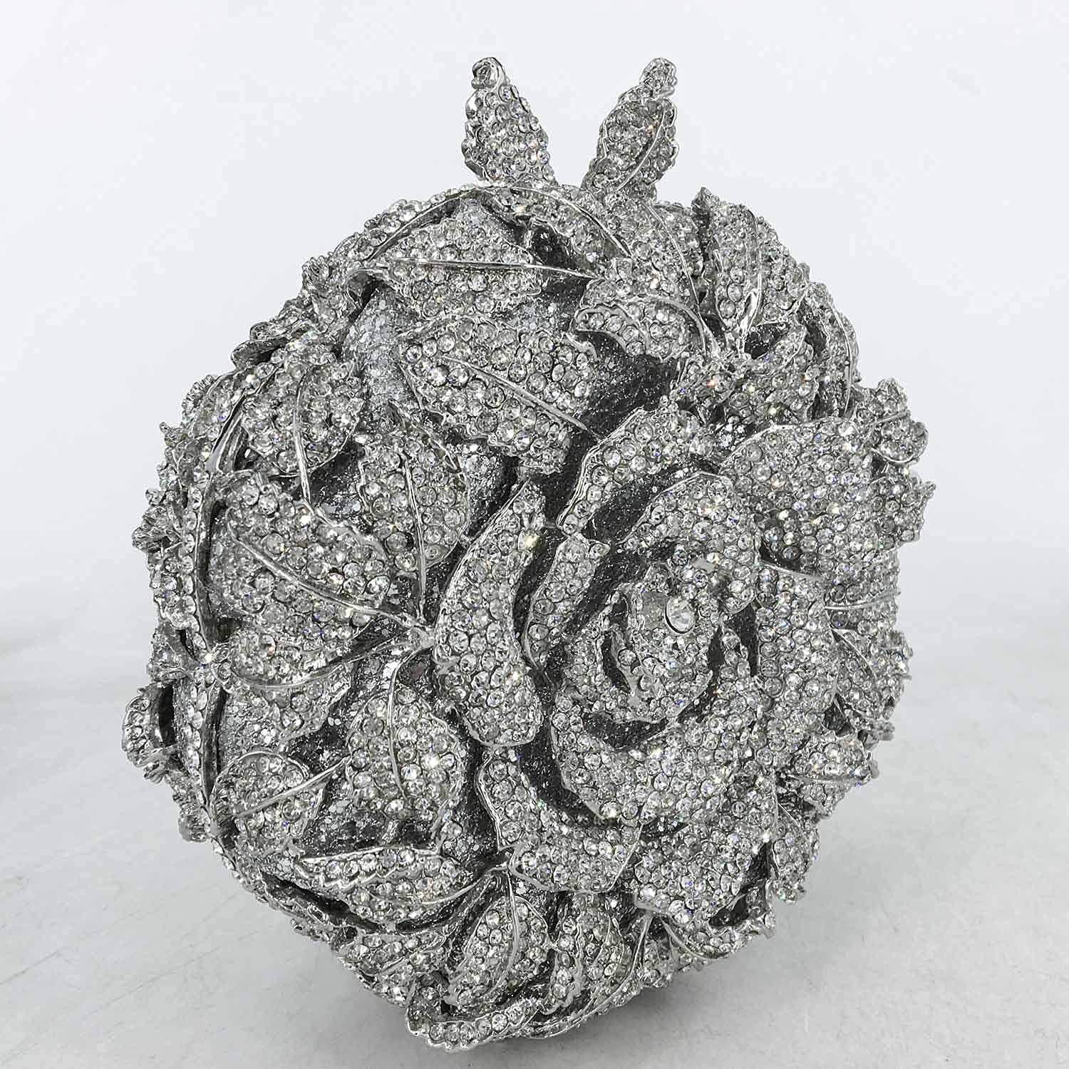 Boutique De FGG Round Rose Flower Crystal Clutch Purses for Women Formal Evening Bags Wedding Clutch Bag Party Handbags,Mini,Silver