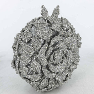 Boutique De FGG Round Rose Flower Crystal Clutch Purses for Women Formal Evening Bags Wedding Clutch Bag Party Handbags,Mini,Silver