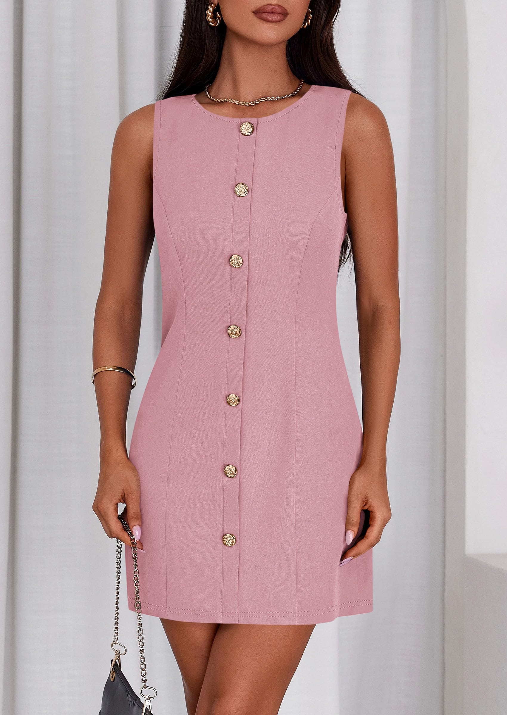 PRETTYGARDEN Work Dresses for Women 2025 Summer Business Formal Short Dress Sleeveless Button Down Elegant Office Outfits (Pink,Small)