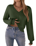 Load image into Gallery viewer, Zeagoo Womens Cropped V-Neck Sweater Lantern Sleeve Ribbed Knit Pullover Sweater Fall Fashion 2025 Army Green
