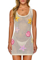 Load image into Gallery viewer, FAIRY SEASON Women's Crochet Beach Cover Up with Hand-Embellished 3D Starfish &amp; Seashells, Sleeveless Mini Dress for Pool &amp; Vacation Apricot

