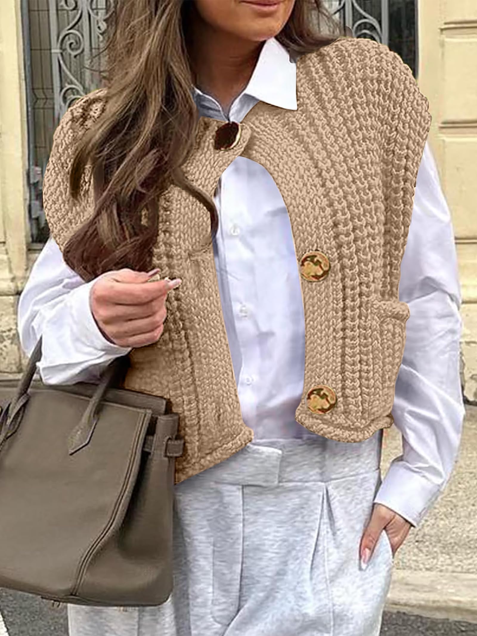 ANRABESS Women Chunky Knit Sweater Vest Button Down Casual Sleeveless Cardigan with Pockets Spring Trendy Outfits 2025 Khaki Small
