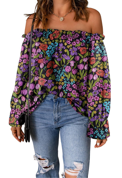 Spriolim Womens Boho Floral Off Shoulder Top Long Sleeve Casual Shirt Cute Summer Blouses Floral Purple, Medium