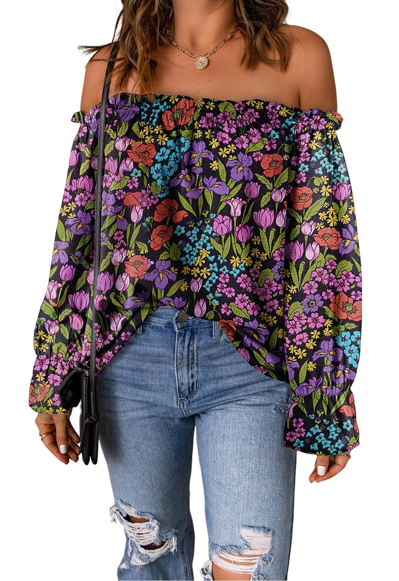 Spriolim Womens Boho Floral Off Shoulder Top Long Sleeve Casual Shirt Cute Summer Blouses Floral Purple, Medium