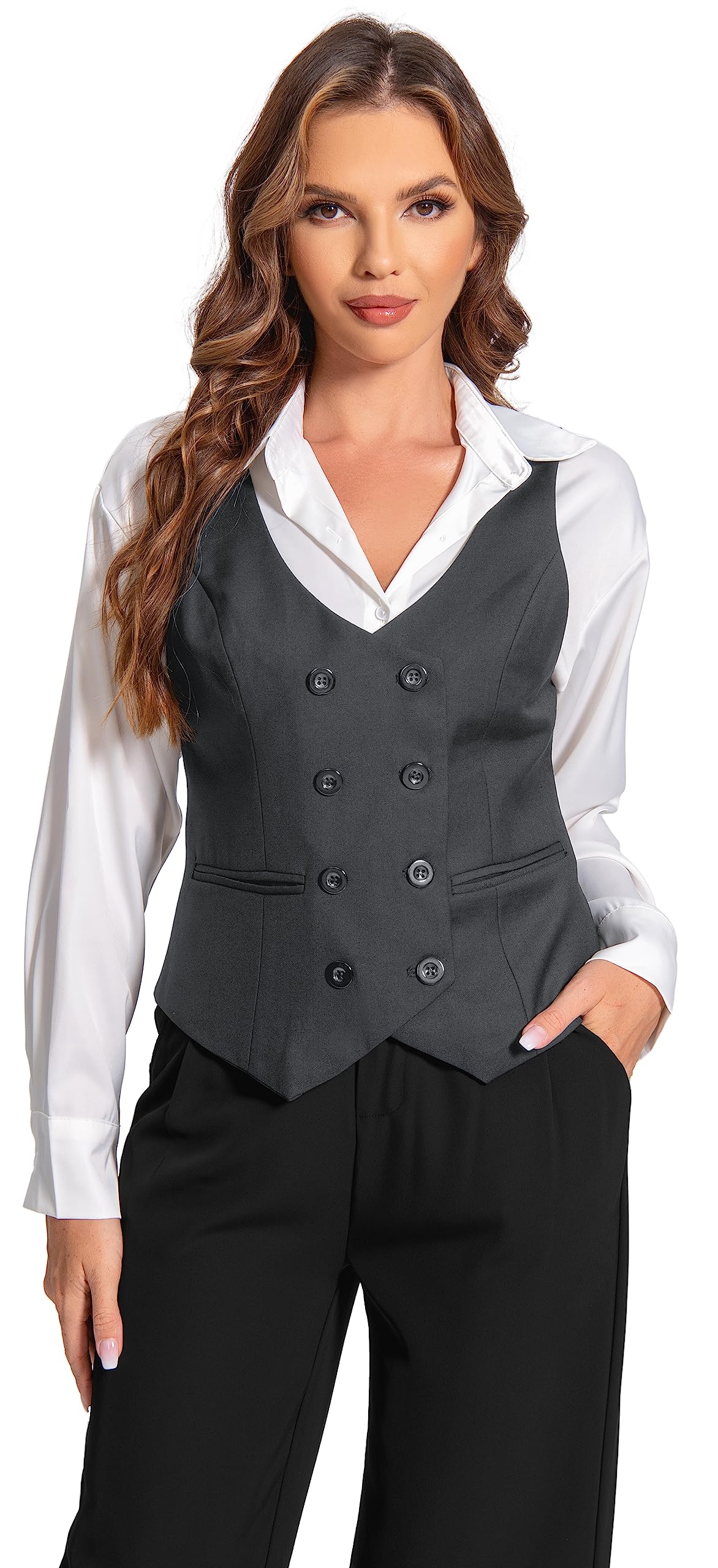 Foucome Womens Suit Vest Double Breasted V-Neck Fashion Dressy Casual Waistcoat Vest for Women (Grey, M)
