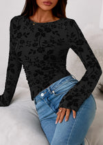 Load image into Gallery viewer, PRETTYGARDEN Women Long Sleeve Floral Mesh Tops Blouse 2025 Fall Trendy Boat Neck Ruched Fitted Shirt Going Out Date Outfits (Black,Medium)
