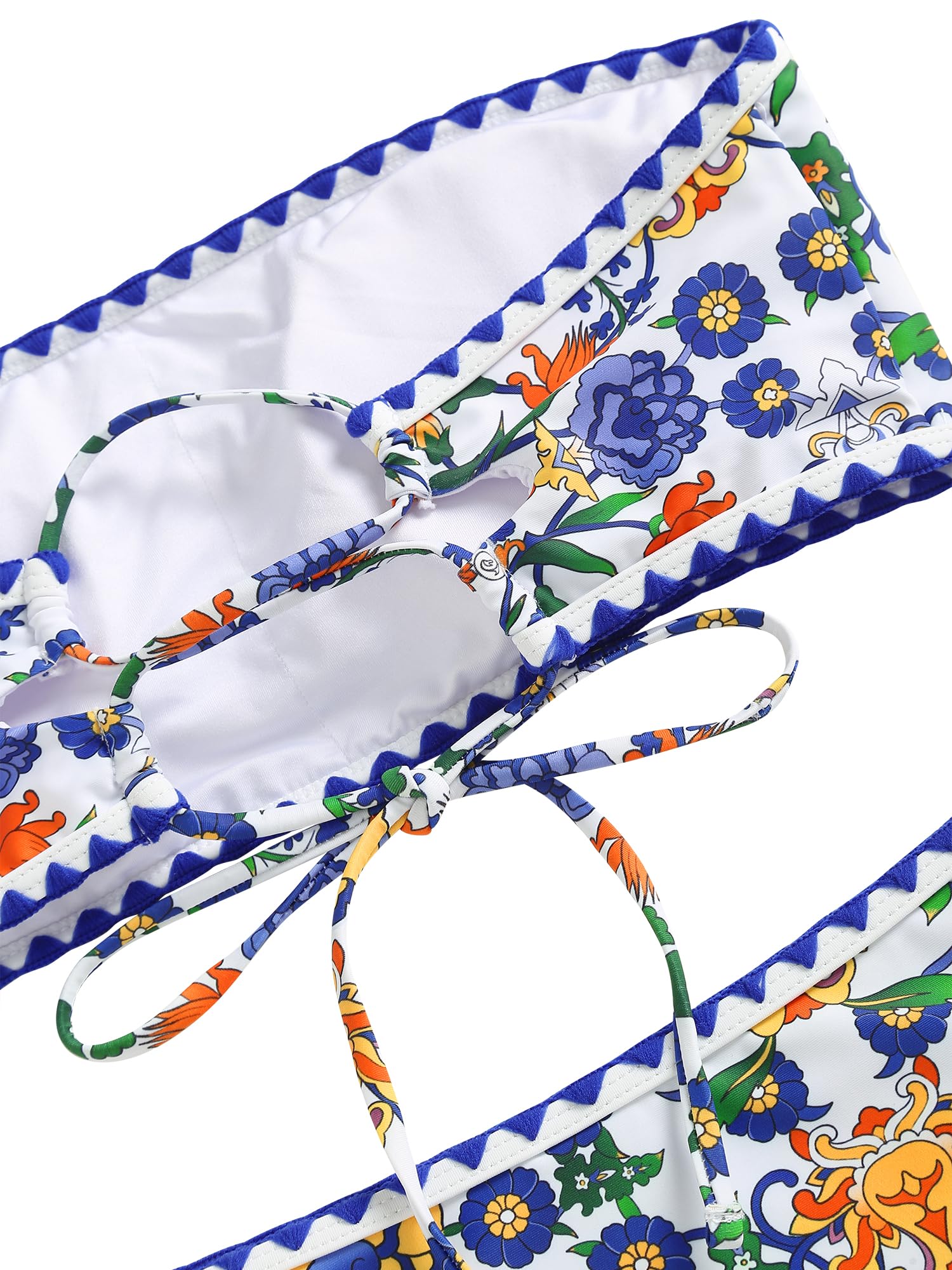 ZAFUL Women Strapless Textured Bandeau Bikini 2 Piece Swimwear Cheeky Solid Lace up Bathing Suits(7-Blue Yellow,M)
