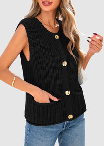 PRETTYGARDEN Women's Summer Sweaters Vest 2025 Sleeveless Button Down Cropped Pockets Chunky Knit Cardigan Trendy Tank Tops (Black,Medium)