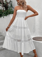 Load image into Gallery viewer, SKAYS Women's Strapless Bandeau Dress Solid Color Hollow Out Lace Patchwork A-Line Beach Dress White M
